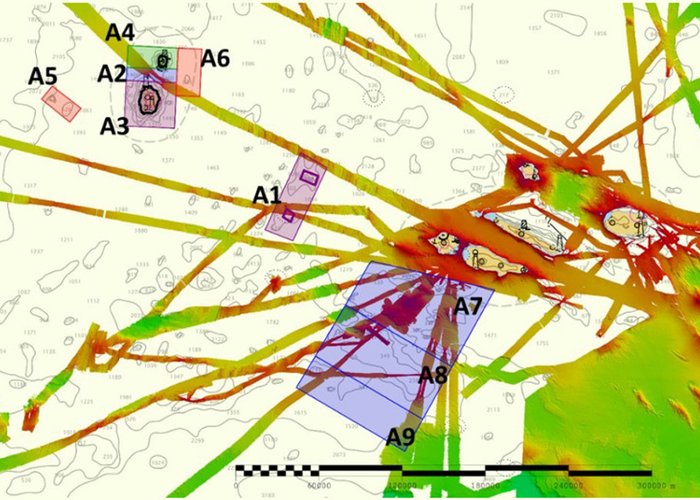 Áreas de sondagem previstas (A1 a A9). De referir que nas zonas a branco deste mapa não existem dados de qualidade sobre os fundos marinhos.