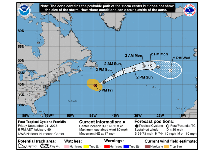 Previsão da trajetória do ciclone Franklin - NOAA.