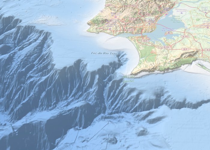 Visualização 3D da costa de Portugal, junto à Foz do rio Tejo